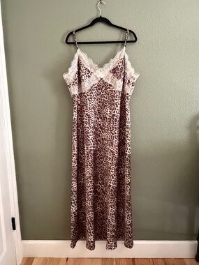 NWT The Loft Leopard Print Lace Trim Satin Midi Slip Dress